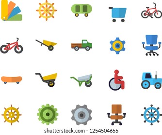 Color flat icon set wheelbarrow flat vector, color scheme, pickup truck, tractor, garden, grocery trolley, cogwheel, disabled, office chair, skateboard, bicycle, fector, steering wheel