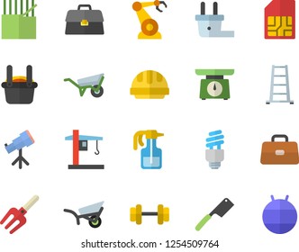 Color flat icon set wheelbarrow flat vector, hard hat, weighing machine, knives, pulverizer, pitchfork, ladder, garden, plug socket, fabric manufacture, crane, robotics, SIM card, metallurgy