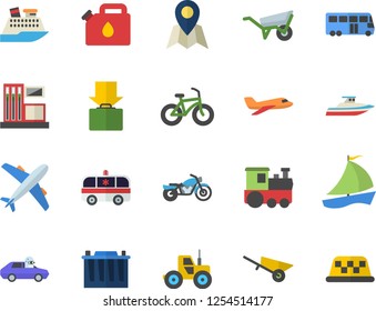 Color flat icon set wheelbarrow flat vector, tractor, gas station, accumulator, canister, autopilot, sailboat, ambulance, bicycle, aircraft fector, train, bus, motorcycle, get luggage, location