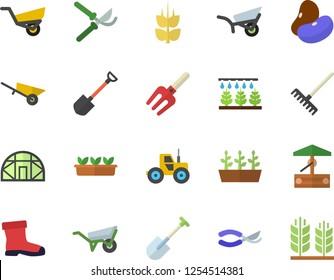 Color flat icon set wheelbarrow flat vector, legumes, ear, well, tractor, sprinkling machine, pitchfork, shovel, secateurs, rake, garden, gumboots, seedlings, greenhouse