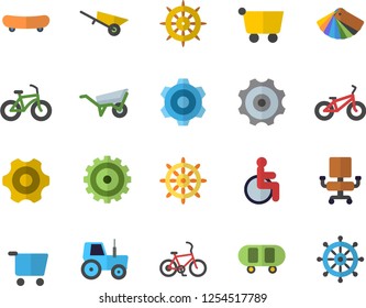 Color flat icon set wheelbarrow flat vector, cogwheel, color scheme, tractor, grocery trolley, disabled, office chair, skateboard, bicycle, fector, steering wheel