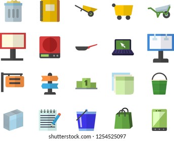 Color flat icon set wheelbarrow flat vector, frying pan, weighing machine, bucketful, grocery trolley, signboard, billboard, bags, sticker, laptop, notepad, notebook, pedestal, pointer fector