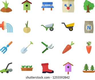 Color flat icon set wheelbarrow flat vector, carrot, onion, fertilizer vectory, nesting box, tree, pitchfork, shovel, secateurs, planting plants, hose irrigation, garden, gumboots, seedlings, bench