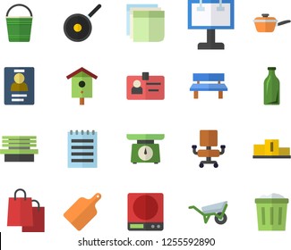 Color flat icon set wheelbarrow flat vector, saute, teflon, weighing machine, cutting board, nesting box, bucketful, bench, glass bottles, billboard, bags, badge, office chair, sticker, notepad