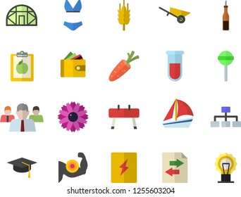 Color Flat Icon Set Wheelbarrow Flat Vector, Switch Box, Sauce, Lollipop, Ear, Carrot, Flower, Greenhouse, Purse, Team, Sailboat, Blood Test, Bachelor Cap, Classification, Diet, Muscles, Swimsuit