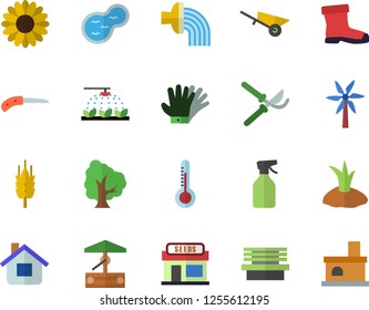 Color flat icon set wheelbarrow flat vector, thermometer, windmill, ear, well, tree, flower, pulverizer, grain warehouse, sprinkling machine, knife, secateurs, planting plants, hose irrigation, pond
