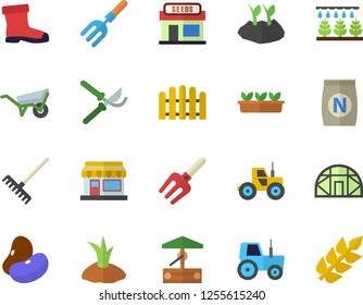 Color flat icon set wheelbarrow flat vector, legumes, fertilizer vectory, well, grain warehouse, tractor, sprinkling machine, pitchfork, fence, secateurs, rake, planting plants, gumboots, seedlings