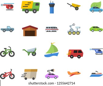 Color flat icon set wheelbarrow flat vector, pickup truck, eco cars, electric, warehouse, trucking, express delivery, sailboat, helicopter, lunar rover, bicycle, aircraft fector, train