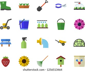 Color flat icon set wheelbarrow flat vector, Strawberry, nesting box, flower, pulverizer, sprinkling machine, shovel, secateurs, rake, bucketful, hose irrigation, gumboots, seedlings, lawn mower