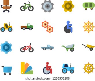 Color flat icon set wheelbarrow flat vector, cogwheel, color scheme, pickup truck, tractor, grocery trolley, disabled, office chair, skateboard, bicycle, steering wheel fector