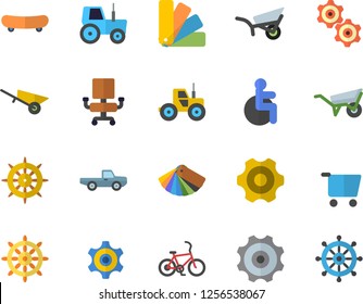 Color flat icon set wheelbarrow flat vector, cogwheel, color scheme, pickup truck, tractor, garden, grocery trolley, disabled, office chair, skateboard, bicycle fector, steering wheel
