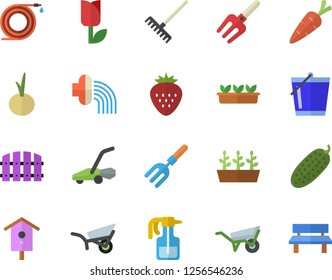 Color flat icon set wheelbarrow flat vector, onion, cucumber, Strawberry, nesting box, carrot, pulverizer, pitchfork, hose, fence, rake, bucketful, irrigation, garden, tulip, seedlings, lawn mower