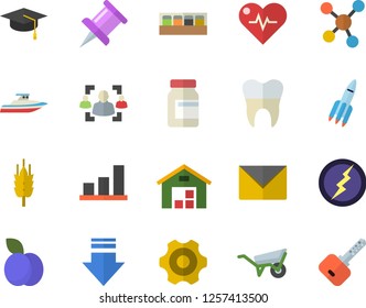 Color flat icon set wheelbarrow flat vector, cogwheel, spice, plum, ear, warehouse, molecules, dental crowns, drawing pin, recruitment, rocket, bachelor cap, lightning, chart, heartbeat, vitamins