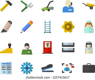 Color flat icon set wheelbarrow flat vector, cogwheel, ladder, stationery knife, hammer, secateurs, lawn mower, telephone operator, nurse, recruitment, phone, paper tray, contract, career, stapler