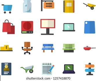 Color flat icon set wheelbarrow flat vector, frying pan, weighing machine, cutting board, bench, glass bottles, grocery trolley, signboard, billboard, bags, badge, office chair, laptop, notepad