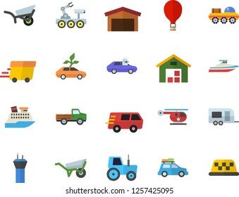 Color flat icon set wheelbarrow flat vector, pickup truck, tractor, garden, eco cars, autopilot, warehouse, trucking, express delivery, helicopter, lunar rover, car fector, trailer, airport tower