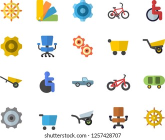 Color flat icon set wheelbarrow flat vector, cogwheel, color scheme, pickup truck, garden, grocery trolley, disabled, office chair, skateboard, bicycle, fector, steering wheel