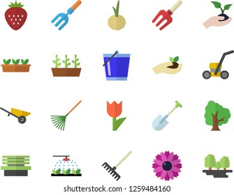 Color flat icon set wheelbarrow flat vector, onion, Strawberry, tree, flower, sprinkling machine, pitchfork, shovel, seedlings, rake, bucketful, tulip, lawn mower, bench, forest