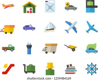 Color flat icon set wheelbarrow flat vector, pickup truck, canister, eco cars, autopilot, express delivery, warehouse, aircraft fector, sailboat, escalator, airport tower, baggage claim, get luggage