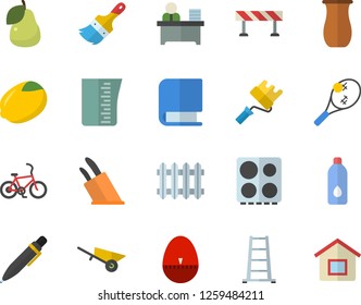 Color flat icon set wheelbarrow flat vector, paint brush, roller, barrier, meashuring cup, kitchen egg timer, knives, electric stove, jugful, lemon, pear, ladder, radiator, office worker, book, pen