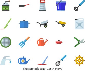 Color flat icon set wheelbarrow flat vector, faucet, saucepan, frying pan, whisk, coffee grinder, sieve, grater, pitchfork, secateurs, watering can, bucketful, garden, canister, scalpel