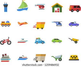 Color flat icon set wheelbarrow flat vector, electric cars, autopilot, trucking, express delivery, sailboat, warehouse, helicopter, lunar rover, bicycle, aircraft fector, car, airport tower, yacht
