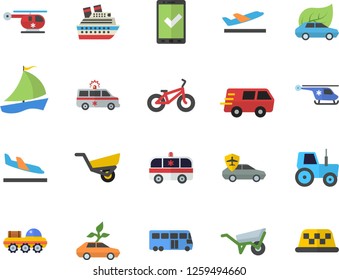 Color flat icon set wheelbarrow flat vector, tractor, garden, eco cars, autopilot, trucking, sailboat, ambulance, helicopter, lunar rover, bicycle, bus fector, check in, arrival, departure, taxi