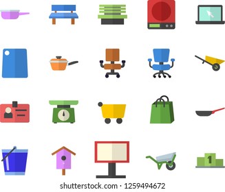 Color flat icon set wheelbarrow flat vector, frying pan, saute, weighing machine, cutting board, nesting box, bucketful, bench, grocery trolley, billboard, bags, badge, office chair, laptop