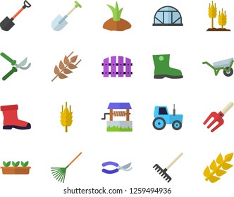 Color flat icon set wheelbarrow flat vector, ear, well, tractor, pitchfork, shovel, fence, secateurs, rake, planting plants, gumboots, seedlings, greenhouse