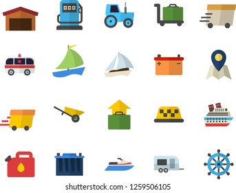 Color flat icon set wheelbarrow flat vector, tractor, refueling, accumulator, canister, warehouse, express delivery, sailboat, ambulance, trailer fector, hand luggage, trolley, location, cruise ship