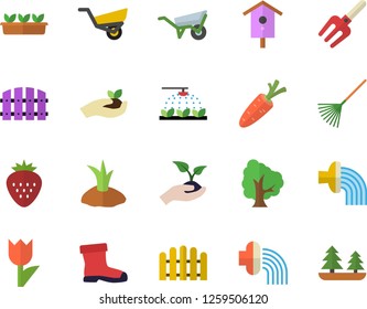 Color flat icon set wheelbarrow flat vector, Strawberry, nesting box, carrot, tree, sprinkling machine, pitchfork, fence, seedlings, rake, planting plants, hose irrigation, garden, gumboots, tulip