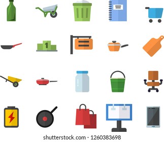 Color flat icon set wheelbarrow flat vector, frying pan, saute, teflon, cutting board, glass jar, bucketful, battery, bottles, grocery trolley, signboard, billboard, bags, office chair, notebook