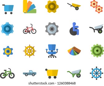 Color flat icon set wheelbarrow flat vector, cogwheel, color scheme, pickup truck, garden, grocery trolley, disabled, office chair, bicycle, fector, steering wheel