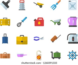 Color flat icon set wheelbarrow flat vector, tool bag, putty knife, saute, electric kettle, whisk, grater, pitchfork, secateurs, canister, case, sport, luggage fector, trolley, do not disturb