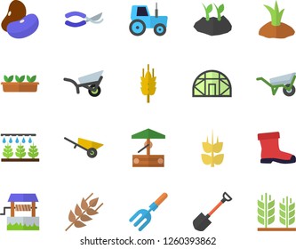 Color flat icon set wheelbarrow flat vector, ear, legumes, well, tractor, sprinkling machine, pitchfork, shovel, secateurs, planting plants, garden, gumboots, seedlings, greenhouse