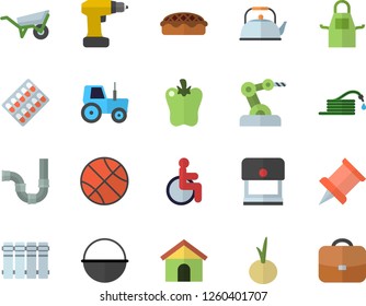 Color flat icon set wheelbarrow flat vector, drill screwdriver, pipes, heating batteries, cauldron, teapot, apron, pie, onion, bell pepper, tractor, hose, pill packaging, disabled, pushpin, house