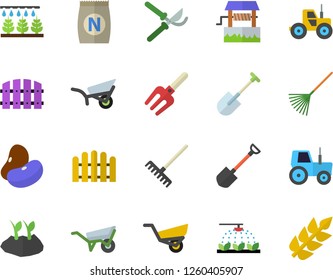 Color flat icon set wheelbarrow flat vector, legumes, fertilizer vectory, well, tractor, sprinkling machine, pitchfork, shovel, fence, secateurs, rake, planting plants, garden, ear