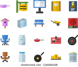Color flat icon set wheelbarrow flat vector, frying pan, saute, teflon, weighing machine, glass jar, nesting box, bench, bottles, signboard, billboard, badge, office chair, sticker, notebook