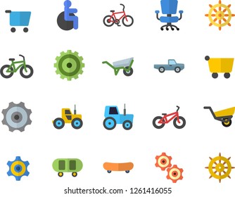 Color flat icon set wheelbarrow flat vector, pickup truck, tractor, garden, grocery trolley, cogwheel, disabled, office chair, skateboard, bicycle, fector, steering wheel