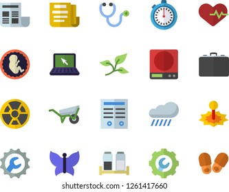 Color flat icon set wheelbarrow flat vector, repair, weighing machine, spice, butterflies, rain, tree leaf, radiation, laser, case, stethoscope, embryo, document, laptop, contract, heartbeat