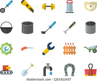 Color flat icon set wheelbarrow flat vector, sink, repair, stationery knife, cauldron, ladle, kitchen spoon, blender, grater, horseshoe, shovel, water tap, conveyor, pipe production, wrench