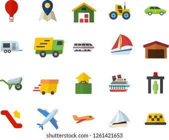 Color flat icon set wheelbarrow flat vector, tractor, electric cars, warehouse, trucking, express delivery, sailboat, aircraft fector, train, trailer, escalator, balloon, control gate, hand luggage