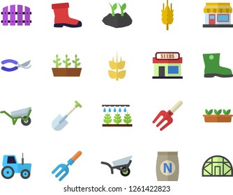 Color flat icon set wheelbarrow flat vector, ear, fertilizer vectory, grain warehouse, tractor, sprinkling machine, pitchfork, shovel, fence, secateurs, planting plants, garden, gumboots, seedlings
