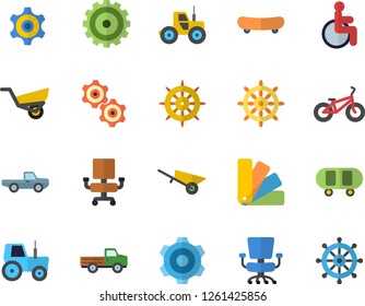 Color flat icon set wheelbarrow flat vector, cogwheel, color scheme, pickup truck, tractor, garden, disabled, office chair, skateboard, bicycle, steering wheel fector