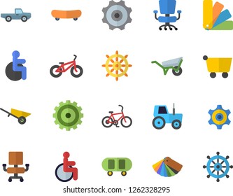 Color flat icon set wheelbarrow flat vector, color scheme, pickup truck, tractor, grocery trolley, cogwheel, disabled, office chair, skateboard, bicycle, fector, steering wheel