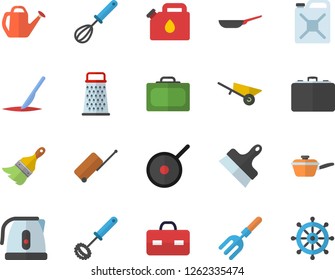 Color flat icon set wheelbarrow flat vector, paint brush, putty knife, frying pan, saute, teflon, electric kettle, whisk, grater, pitchfork, watering can, canister, case, briefcase, scalpel