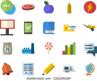 Color flat icon set wheelbarrow flat vector, food processor, chop, lollipop, plum, mustard, fertilizer vectory, manufactory, billboard, chart, chat, contract, book, pencil, lightning, trailer fector