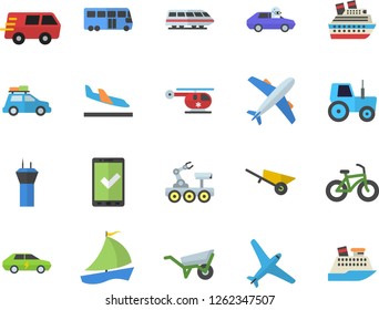 Color flat icon set wheelbarrow flat vector, tractor, electric cars, autopilot, trucking, sailboat, helicopter, lunar rover, bicycle, aircraft fector, train, car, bus, airport tower, check in