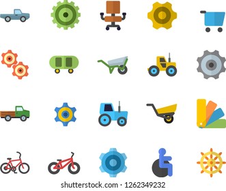 Color flat icon set wheelbarrow flat vector, cogwheel, color scheme, pickup truck, tractor, garden, grocery trolley, disabled, office chair, skateboard, bicycle, fector, steering wheel