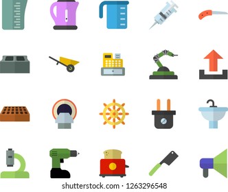 Color flat icon set wheelbarrow flat vector, drill screwdriver, sink, brick, meashuring cup, electric kettle, knives, toaster, knife, plug socket, robotics, cash machine, syringe, microscope, upload